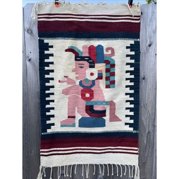 VTG Mexican Woven Wool Rug Aztec Mayan Sitting Man Wall Hang 24" x 39" - Picture 1 of 9